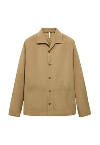 Khakifarbene Arbeitsjacke mit geradem Schnitt, Umlegekragen, Frontknöpfen, zwei großen Taschen und glatter Stoffoberfläche.