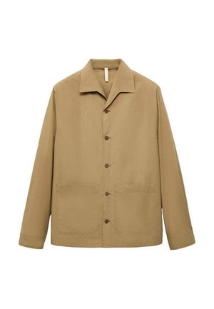 Khaki work jacket with a straight cut, spread collar, front buttons, two large pockets, and smooth fabric texture.