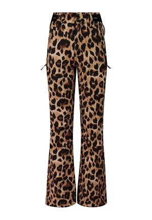 Broek met hoge taille en rechte pijpen, bedrukt met een luipaardpatroon in bruin en zwart, voorzakken en knoopsluiting.