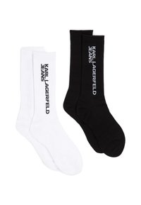 Dos pares de calcetines acanalados, uno blanco con texto "KARL LAGERFELD JEANS" en negro y otro negro con el mismo texto en blanco.