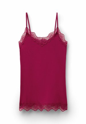Burgundy lace-trimmed camisole with thin adjustable straps and scalloped edges at neckline and hem.