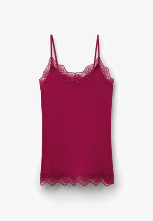 Camiseta burdeos con encaje, tirantes finos ajustables y bordes festoneados en el escote y el dobladillo.