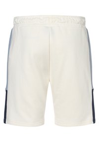 Pantalones cortos de mezcla de algodón con una cinturilla elástica, en su mayoría en color crema con paneles laterales en azul claro y azul marino, que presentan una textura suave.