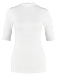 Top bianco a costine a maniche corte con collo alto, silhouette aderente e design delle maniche di lunghezza media.