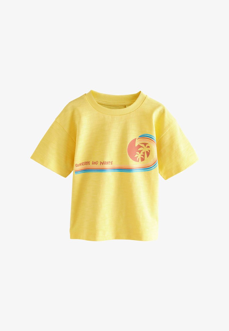 Yellow short-sleeve t-shirt with round neckline, featuring a pink sun, palm tree graphic, blue stripes, and the text "Sunrays and Waves" on the front.