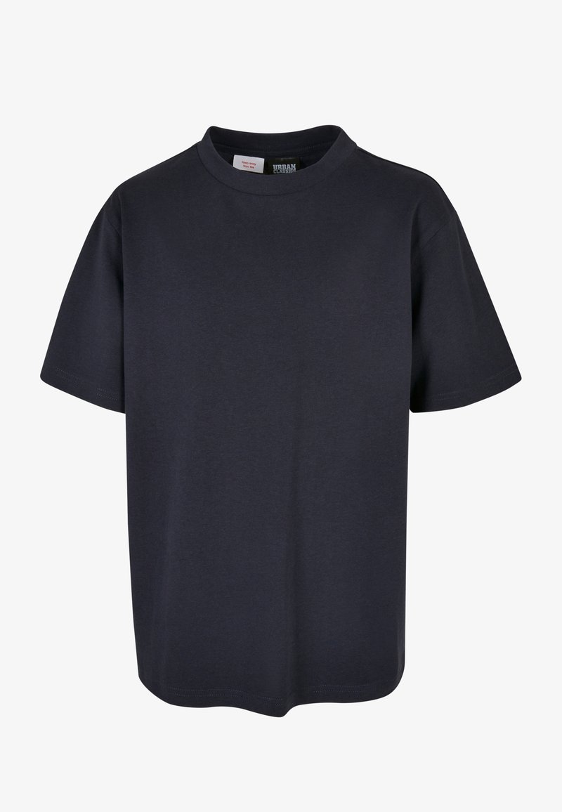 Rövid ujjú póló sötét tengerészkék színben, puha pamutból készült, kerek nyakkivágással és egyenes szabással, minták vagy díszítések nélkül.