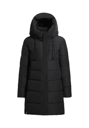 Svart vadderad jacka med hög krage och huva. Har en framsida med dragkedja, två sidofickor och ett quiltat mönster. Slät textur.