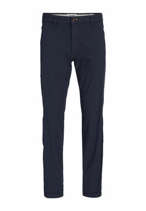 Námořnické modré kalhoty vyrobené z bavlny. Slim fit design s ohrnutými lemy a předním zapínáním na knoflík. Hladká textura a minimální styl.