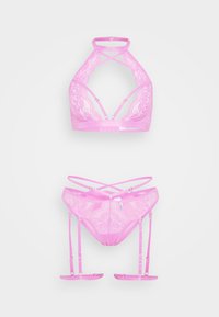 Pink lace lingerie set featuring a halter bralette with strappy design and matching panties with garter straps. Detailed floral pattern.
