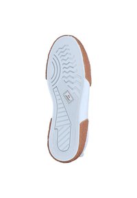 Suola di sneaker bianca con un design testurizzato, caratterizzata da un accento in gomma marrone. Include modelli di battistrada per una migliore aderenza e un dettaglio del logo sul lato.