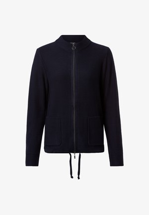 Marineblaue Zip-Up-Jacke aus strukturiertem Stoff mit hohem Kragen, zwei Vordertaschen und verstellbarem Kordelzug am Saum.