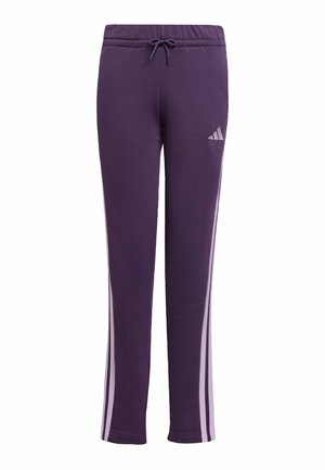 Pantalons de survêtement violets en mélange de coton, présentant une coupe décontractée, une taille élastique avec cordon de serrage, et des rayures latérales blanches. Logo Adidas présent.