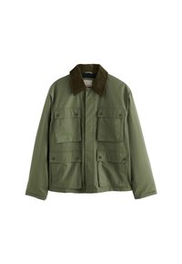 Olivgrüne Jacke mit einem braunen Cordkragen, vier Vorderaschen und einer entspannten Passform; aus einem glatten, strapazierfähigen Stoff gefertigt.