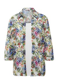Blumenmuster Hemdjacke mit Dreiviertelärmeln, pastellfarben, leichtes Material, Knopfleiste vorne und einem schlichten weißen Oberteil darunter.