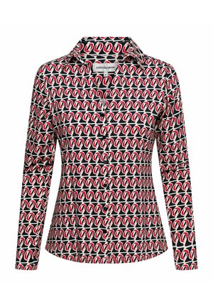 Overhemd met knopen, met een geometrisch patroon in zwart, rood en wit. Heeft een puntige kraag en lange mouwen met een rechte zoom.