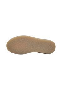 Sole of a shoe, beige rubber with a textured surface and flat design, featuring a small rectangular detail in the center.