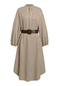 Robe rayée en crème et marron, avec un col haut et des manches longues, taille froncée avec une large ceinture marron, longueur genoux, coupe décontractée.