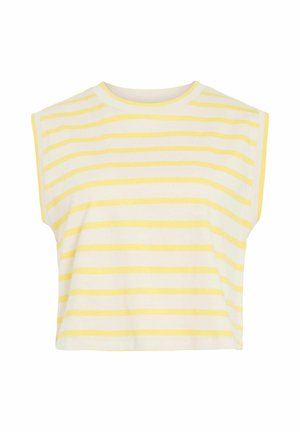 Top court blanc sans manches avec des rayures horizontales jaune clair et un col rond.