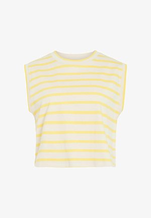 White sleeveless crop top with horizontal light yellow stripes and a round neckline.