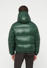 Zaļa polsterēta jaka ar kapuci, izgatavota no spīdīga materiāla, ar quilted dizainu, elastīgām piedurknēm un pieguļošu jostas daļu.