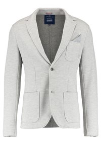 Hellgrauer Blazer aus strukturiertem Stoff mit Reverskragen, Ein-Knopf-Verschluss vorne, zwei Vordertaschen und einer Brusttasche.