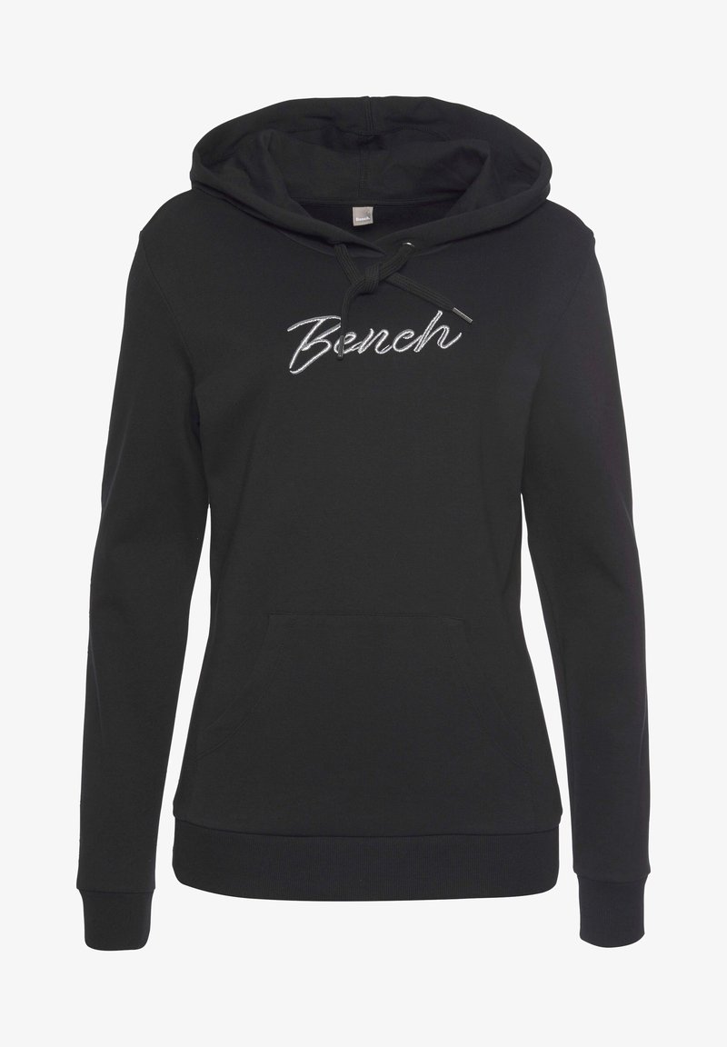 Sort hætte sweatshirt lavet af blødt stof, med en forlomma, ribbede manchetter og hætte med snører. "Bench" logo i sølv broderi på brystet.