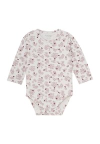 Bodysuit pour bébé à manches longues en tissu crème doux, avec un motif floral bordeaux et rose. Fermeture à pressions en bas pour un habillage facile.