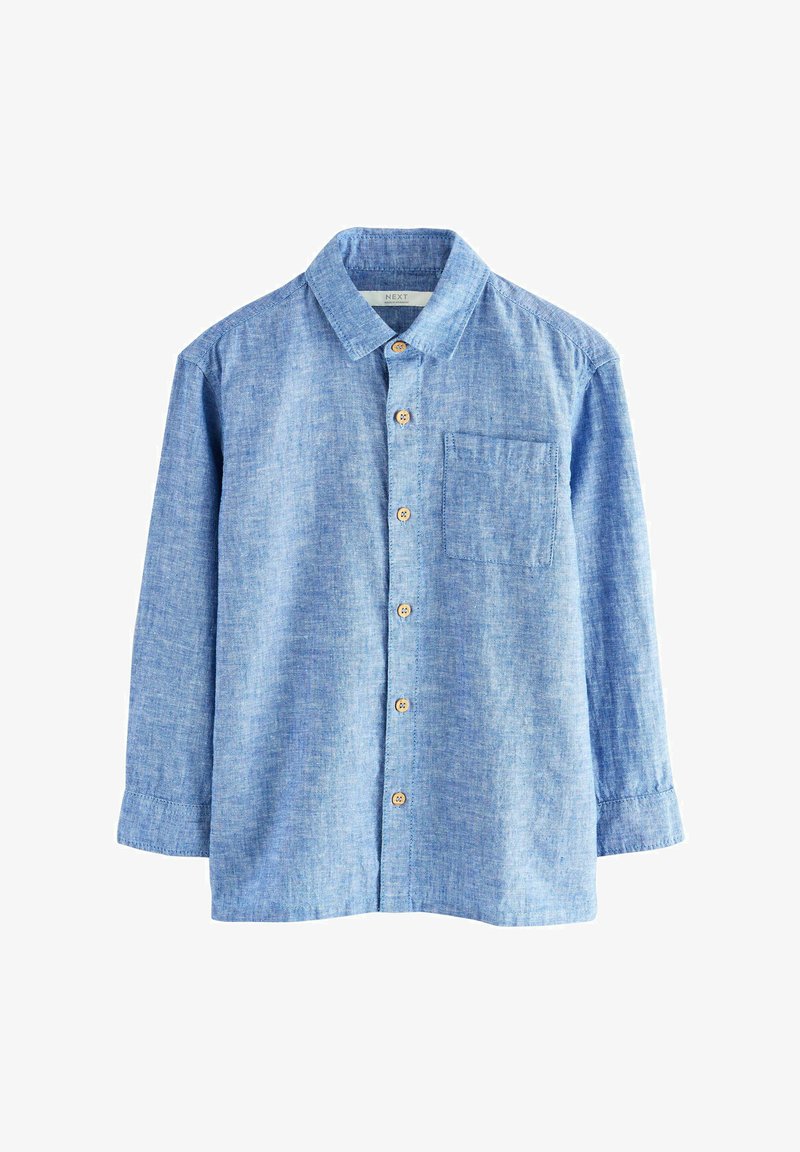 Light blue long-sleeve button-up shirt with a collar and chest pocket, made of a textured fabric.