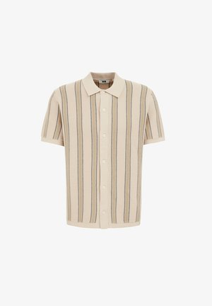 Lühikeste varrukatega polo särk helesbeezist, millel on vertikaalsed sinised triibud, nupuga esiosa, tekstureeritud kangas ja klassikaline krae disain.