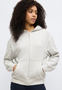 Ανοιχτό γκρι φούτερ με φερμουάρ, κατασκευασμένο από μαλακό ύφασμα, με κουκούλα, εμπρόσθιες τσέπες και ριμπ τελειώματα στα μανίκια. Απλός σχεδιασμός με ελάχιστες λεπτομέρειες.