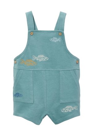 Grenouillère bleu-vert pour bébé avec bretelles, poches avant et poisson brodé en jaune, blanc et bleu.