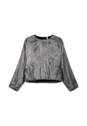 Silberne gekürzte Bluse aus glänzendem Stoff. Hat einen runden Ausschnitt, lange Ärmel und einen elastischen Saum. Einfaches Design ohne sichtbare Muster.