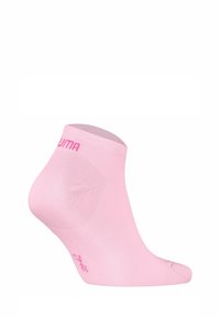 Rosa ankelstrumpa i mjukt tyg, med ribbat topp och förstärkt häl. Varumärket tryckt i kontrasterande rosa på sidan.