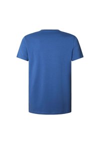 Tricou bleu cu mâneci scurte, guler rotund, textură netedă și croială dreaptă. Fără modele sau embellissements vizibile.
