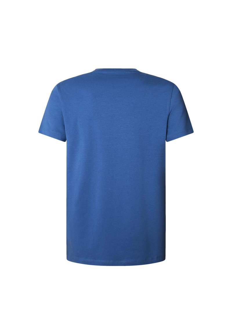 Camiseta de manga corta azul con cuello redondo, textura suave y corte recto. Sin patrones ni adornos visibles.