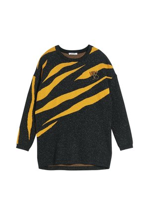 Pull en tricot noir avec des rayures tigre jaunes audacieuses, une coupe décontractée et des manches longues. Comprend un accent logo en ton doré sur le devant.