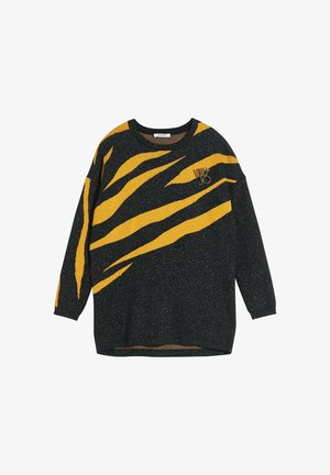 Maglione a maglia nero con audaci strisce gialle a forma di tigre, vestibilità comoda e maniche lunghe. Include un dettaglio logo in tonalità oro sul davanti.