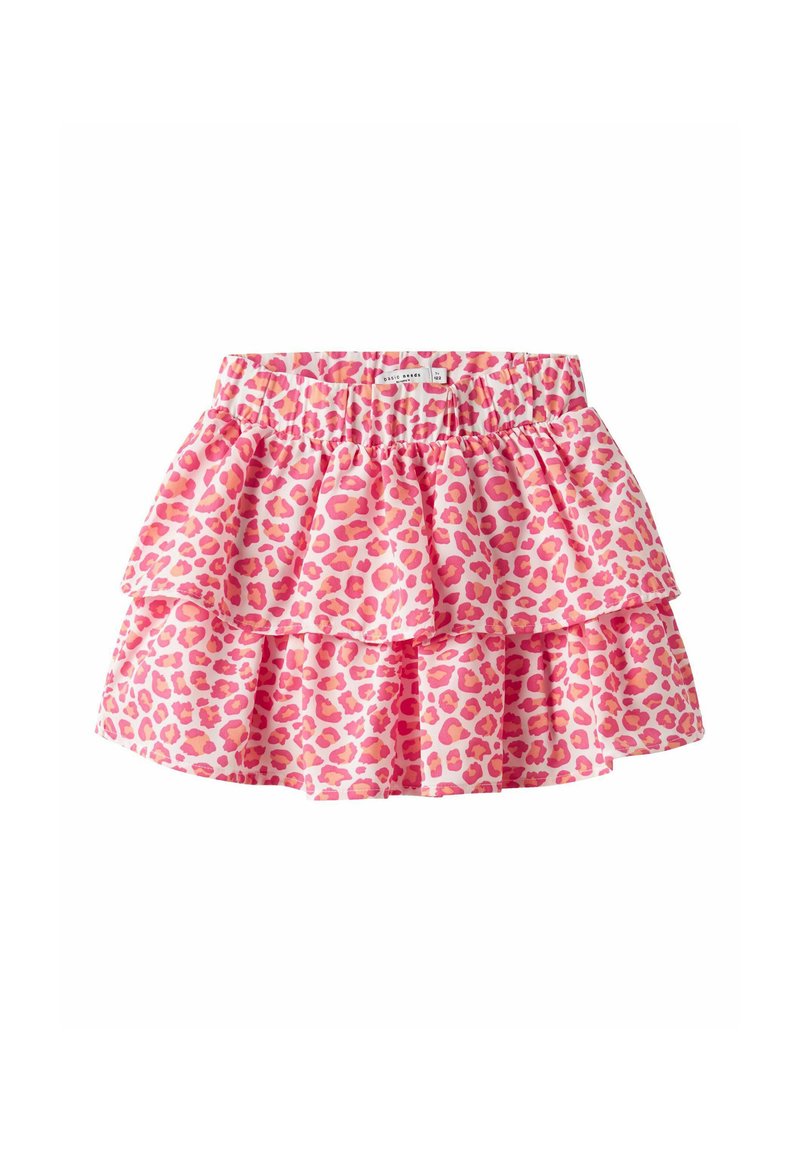 Jupe à imprimé léopard rose avec trois niveaux, taille élastique et un tissu doux et léger. Présente un design à volants ludique.