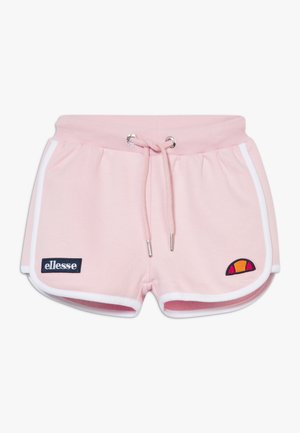Lyserøde sporty shorts med hvid kant, elastisk linning med snøre og to små logoer på forsiden.