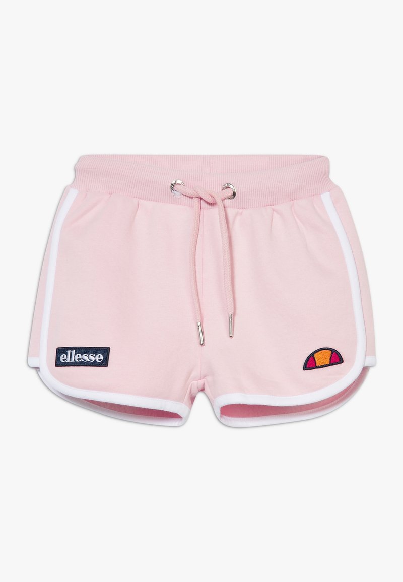 Shorts de sport rose clair avec bordure blanche, taille élastique avec cordon et deux petits logos sur les côtés avant.