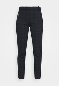Svart slim-fit byxor med subtilt rutmönster och dragkedjefickor, designade för formella tillfällen eller kontorsbruk.