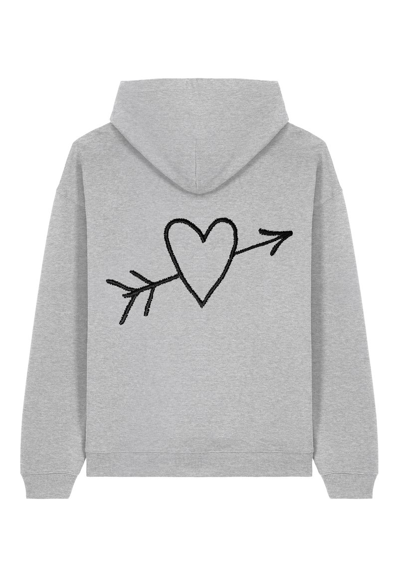 Felpa grigia con cappuccio caratterizzata da un grande cuore ricamato nero con un design di freccia sulla parte posteriore. Tessuto liscio, vestibilità comoda e cappuccio con cordino.