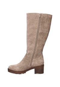 Beige suede laars tot de knie met een ronde neus, zijrits en blokhak. Geweven bovenkant en gestikte details langs de zijkanten.