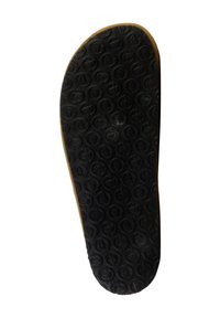 Semelle intérieure en caoutchouc noir avec une surface texturée présentant des motifs circulaires. Bordée d'une finition marron clair. Conçue pour le confort et le soutien.