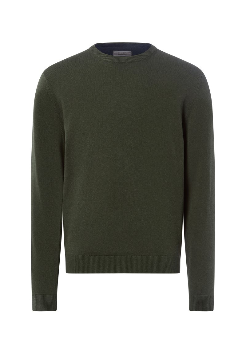 Ciemnozielony sweter wykonany z miękkiego materiału, z okrągłym dekoltem oraz prążkowanymi mankietami i dolnym brzegiem. Prosty design, bez wzorów ani akcentów.