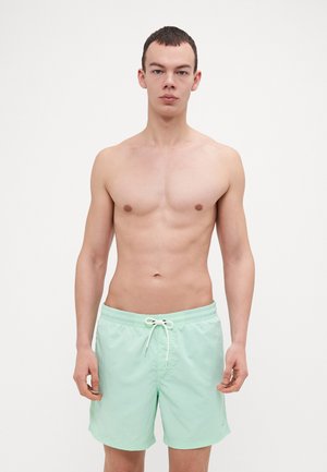 Myntegrønne svømshorts med elastisk talje og justerbar snor, med en glat tekstur og design, der går over knæet.