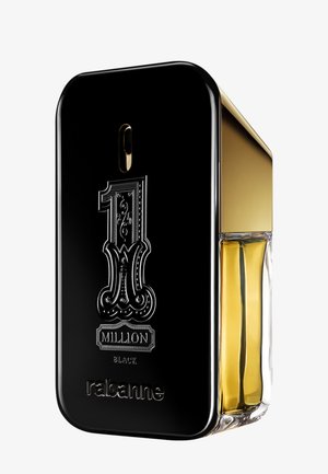 Black and gold rectangular perfume bottle with "1 Million Black" and "rabanne" embossed on the front, containing golden liquid inside.