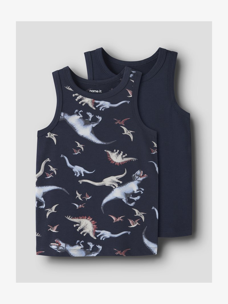 Dve mornarsko modri otroški brezrokavniki, eden enobarven, drugi pa s pisanim potiskom dinozavrov in pterozavrov spredaj in zadaj.