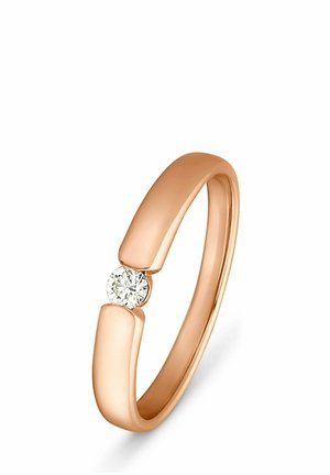 Ein Roségoldring mit einem glatten, runden Band und einem zentralen runden Diamantakzent. Elegantes und minimalistisches Design mit polierter Oberfläche.
