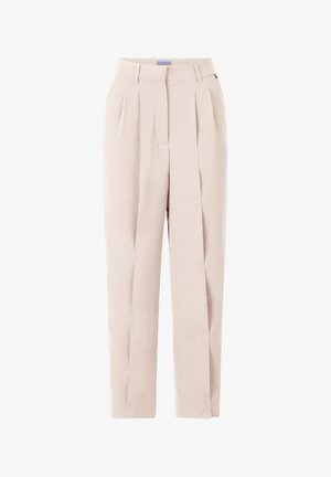 Beige pleated trousers with a tailored fit, high waist, and side pockets. Smooth fabric with a subtle texture and straight leg design.